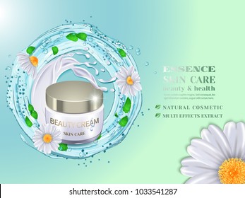 Cosmetic bottle and splash blue water with green leaves and Daisy flowers.Advertising cosmetic cream with herbal extract.Design natural cosmetic product.Vector illustration.