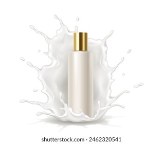 Cosmetic bottle in splash of creamy liquid realistic vector illustration. Cleansing milk. Moisturizing cosmetics advertisement 3d objects on white