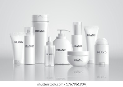 Cosmetic bottles. Beauty product package, spa containers mockup. Shampoo soap cream blank tubes. 3d glass plastic packs vector illustration