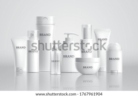 Image, Stock Photo Set of cosmetic skin care cream bottles on pink