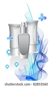 Cosmetic bottles and colorful background with wave and butterfly and pearl, vector, eps10