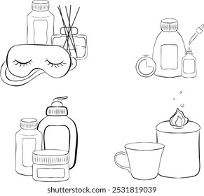 Cosmetic bottles compositions set for beauty and cleanser, skin and body care. Still life with beauty products. Vector illustration in hand drawn sketch doodle style isolated on white. Flat design for