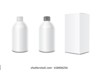 Cosmetic Bottles For Cream, Shampoo With Package Box. Blank Vector Mock Up Illustration