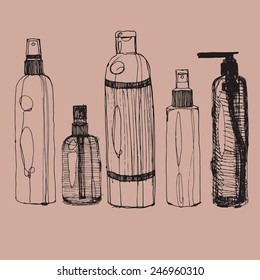 cosmetic bottles doodle set