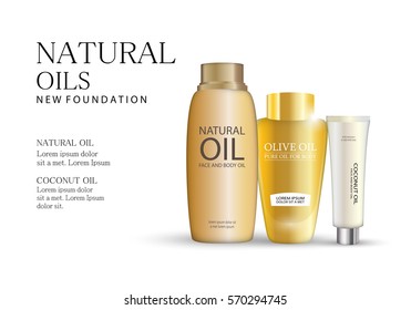 Cosmetic bottles isolated on white,vector illustration.Premium ads,translucent sprayer.Closeup color container and toner.Realistic 3D for web site and poster.Argan and salvia pure oil.Health benefits