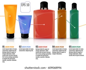 Cosmetic bottles isolated, vector illustration. Closeup color container and toner. Realistic 3D for web site and poster. Argan and salvia pure oil. Business infographic