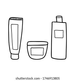 Cosmetic bottles with labels isolated on a white background. Vector illustration in the Doodle style. Bottles of shampoo, conditioner, cream, hair mask.