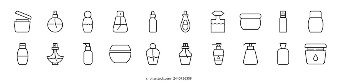 Cosmetic bottles linear vector icons collection. Editable stroke. Simple linear illustration for web sites, newspapers, articles book