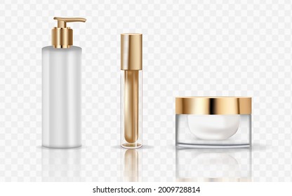 Cosmetic Bottles. Luxury Realistic Golden Packaging For Serum, Cream, Shampoo, Balm. Vector Cosmetic Mockup Isolated On Transparent Background