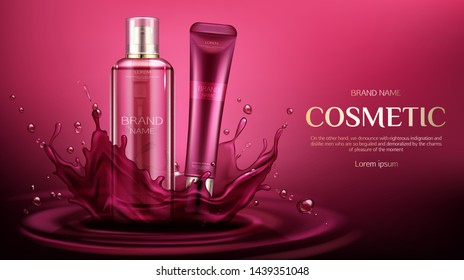 Cosmetic bottles mock up, beauty skin care cosmetics product cream and spray tubes on water splash background with drops. Package design mockup promo poster Realistic 3d vector illustration, ad banner