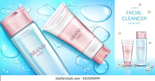 Cosmetic bottles mockup banner, beauty cosmetics product set, line for face care on blue background with aqua drops. Micellar water, scrub tubes packaging. Realistic 3d vector illustration, promo, ad