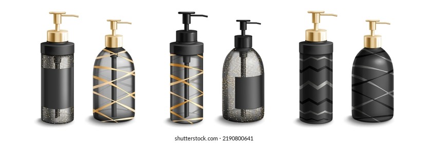 Cosmetic bottles mockup, black plastic tubes with golden decor and glitter. Containers with dispenser pump, packages for liquid soap, shampoo, lotion beauty product, Realistic 3d vector set