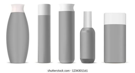 Cosmetic bottles mockup pack. Set of modern shape cosmetic products packaging containers for different products. 3d illustration. 