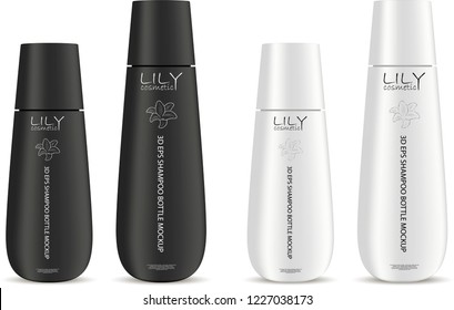 Cosmetic bottles mockup set for shampoo, moisturizer, conditioner or shower gel. black and white plastic realistic vector 3d illustration of cosmetics package with lid.