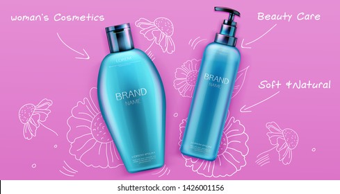 Cosmetic Bottles Mockup, Shampoo And Conditioner Beauty Cosmetics Product For Hair Care On Pink Background With Hand Drawn Doodle Flowers, Tubes Package Design Realistic 3d Vector Illustration, Banner