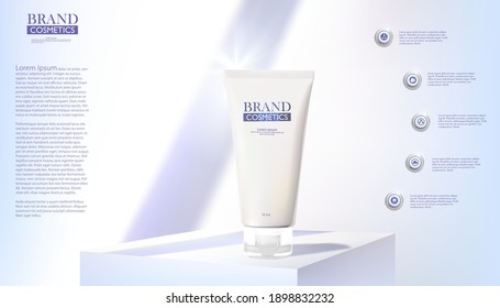 Cosmetic bottles on podium stage mock up banner.Shadows of lines on wall.3D vector illustration.
