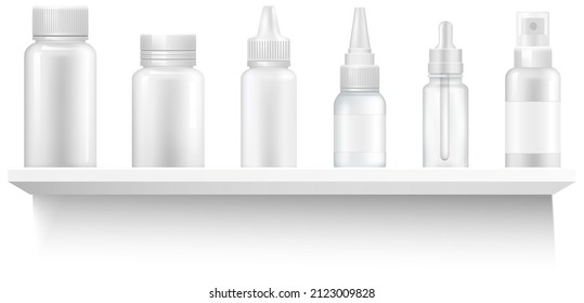 Cosmetic bottles on shelf. Beauty products empty packaging. Blank containers for liquid lotions and shampoos, moisturizers on white background. Medicine blank bottle for pills on pharmacy shop shelves