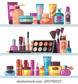 Cosmetic bottles on store shelves. Woman beauty and care vector concept. Care and beauty cosmetic cream product illustration