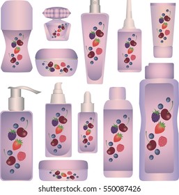 Cosmetic bottles on white background. Cosmetic cream containers and tubes for cream, lotion, shampoo, gel, balsam, conditioner ,perfume, spray.Design berries label for container.