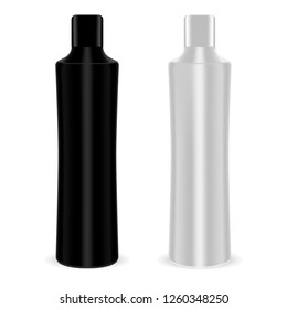 Cosmetic Bottles Pack. Black and Silver Containers set. Elegant Plastic Packaging for Beauty Body and Hair Care Products: Liquid Soap, Gel, Shampoo, Lotion. Blank Jar Mockup Collection.