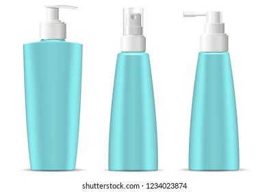 Cosmetic bottles pack with pump and spray dispenser lids in marine blue green color. Cosmetic containers for next products: cream, moisturizer, shampoo, mask, soap and other liquids. 3d vector.