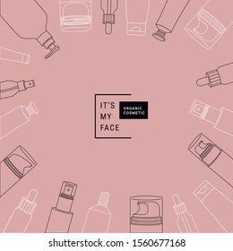 Cosmetic bottles and packaging frame design template. Branding illustration. Lineart style. Vector illustration