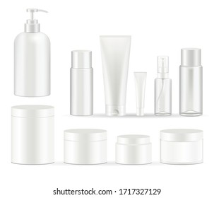 Cosmetic bottles packaging set vector illustrations.