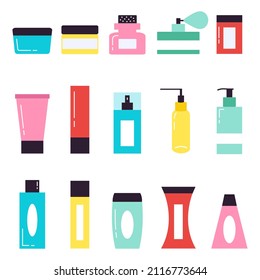 Cosmetic bottles. Plastic containers and tubes, organic cosmetic, cream jar, dropper and dispenser, face care products vector illustration set. Toiletries an perfume bottle, tube. Colored icons