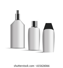 Cosmetic Bottles. Realistic Black Bottle For Essential Oil And Tube Or Container For Cream, Ointment, Lotion. Mock Up set. Cosmetic Vial, Flask, Dropper-Bottle, Shampoo. Vector Illustration.