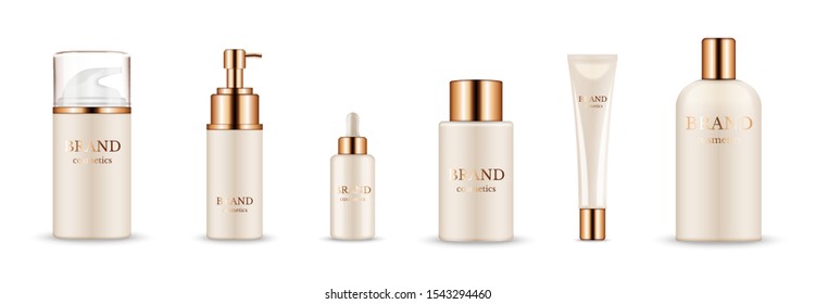 Cosmetic bottles. Realistic golden packaging for serum, cream, shampoo, balm. Vector cosmetic mockup isolated on white background