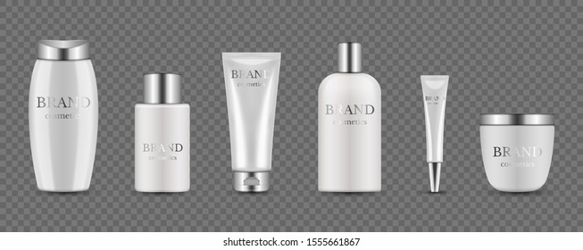 Botellas estéticas. Embalaje blanco plateado realista para suero, crema, champú, bálsamo. Mofa cosmética vectorial aislada en fondo transparente