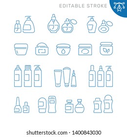 Cosmetic bottles related icons. Editable stroke. Thin vector icon set, black and white kit