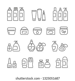Cosmetic bottles related icons: thin vector icon set, black and white kit