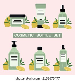 Botellas estéticas dispuestas. Botellas estéticas con limones. Elementos aislados.