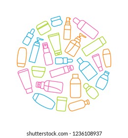 Cosmetic Bottles Signs Thin Line Round Design Template Ad Include of Cream, Lotion, Shampoo, Spray and Soap. Vector illustration of Icons