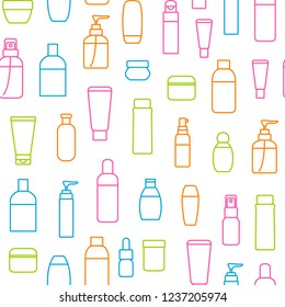 Cosmetic Bottles Signs Thin Line Seamless Pattern Background on a White Include of Cream, Lotion, Shampoo, Spray and Soap. Vector illustration of Icons