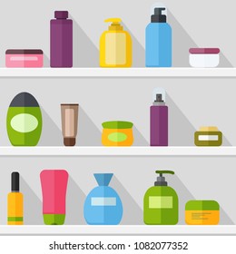 Cosmetic bottles template set on the shelf witj shadow. Tubes and vials cosmetics. Cream, shampoo, gel, spray and soap. Vector illustrtaion