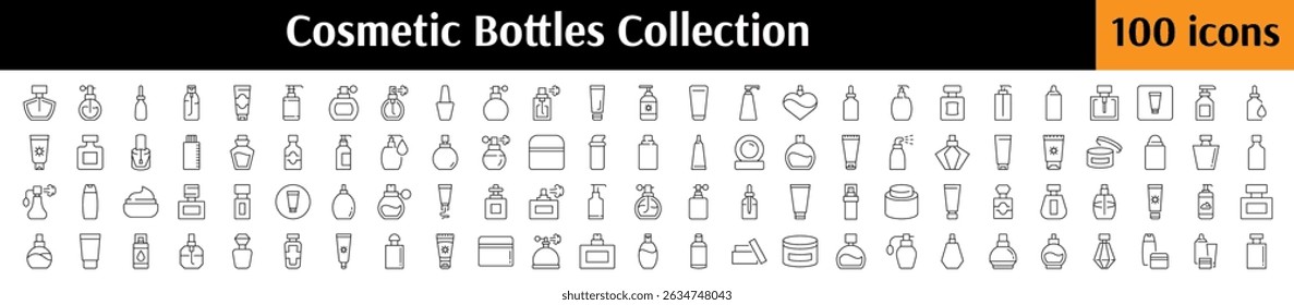 Cosmetic Bottles Thin Line Icon Set. Perfume, Cream, Shampoo, Gel Outline Signs for Graphic and Web Design, Apps, Adverts, Various Cards