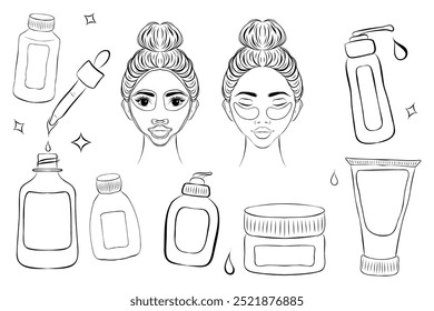 Conjunto de iconos monocromos delgados de botellas cosméticas, kit blanco y negro de Ilustración vectorial de la rutina de la piel
