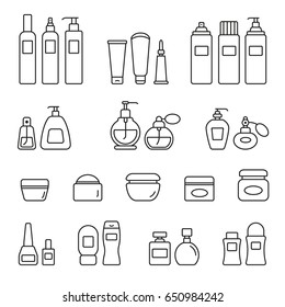 Cosmetic Bottles: Thin Monochrome Icon Set, Black And White Kit