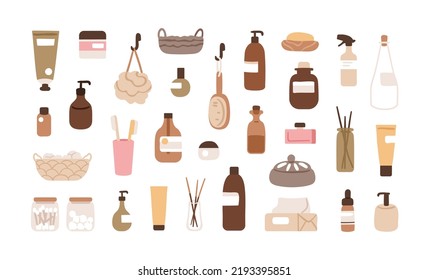 Cosmetic bottles, tubes, jars set. Bath toiletries, hygiene and care stuff. Soap, gel, cream, shampoo, washcloth and different bathroom items. Flat vector illustrations isolated on white background