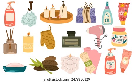 Cosmetic bottles, tubes, jars set. Bath toiletries, hygiene and care stuff. Soap, gel, cream, shampoo, washcloth and different bathroom items. Flat vector illustrations isolated on white background