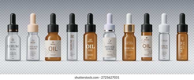 Maqueta de Vector de botellas cosméticas con cuentagotas y recipientes de vidrio ámbar o transparente. Suero antienvejecimiento 3D, aceite facial, cosméticos de fórmula de elevación para maquetas de productos de belleza, presentación de cuidado de la piel