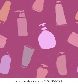 Cosmetic bottles vector seamless pattern. Packaging, jars, tubes on dark pink background. Body and face care cartoon color texture. Plastic containers for wrapping paper, wallpaper, textile, card