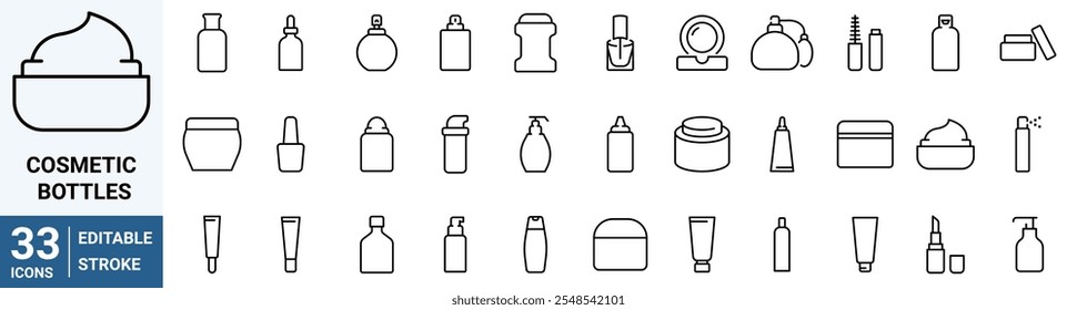 Ícones de linha da web de garrafas de cosméticos. cosmética, beleza, maquiagem, desodorante, loção