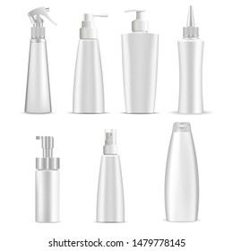 Botellas estéticas. Diseño 3d del Paquete Plástico Blanco. Contenedor vectorial en blanco para Loción, Shampoo, Atención de Belleza Crema. Bomba del dispensador, juego de pulverización. Spa Jar realista aislado en segundo plano. frasco médico