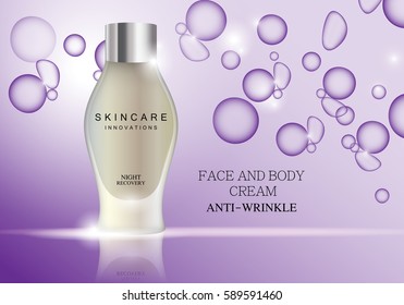 Cosmetic bottle,vector. Premium ads, translucent sprayer bottle. Isolated on violet background. Closeup color container and toner. Realistic 3D illustration for web site,marketing and poster