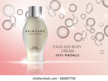 Cosmetic bottle,vector. Premium ads,translucent sprayer bottle. Isolated on pink background. Closeup color container and toner. Realistic 3D illustration for web site,marketing and poster
