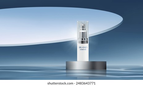 Cosmetic brand mockup on  silver chrome podium . Abstract scene background. Product presentation, mock up, show cosmetic product, 3D Vector.