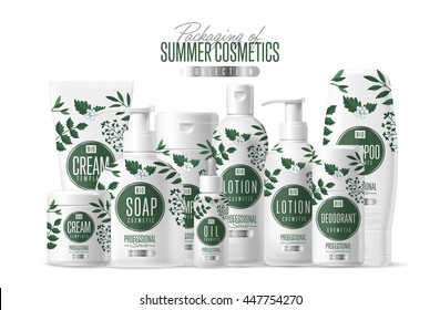 Cosmetic Brand Pack. Lotion, Cream, Soap, Shampoo, Oil, Deodorant Body, Hair And Skin Care Product Series Illustration. Organic Natural Summer Cosmetics Package Brand Design Template Vector Set
